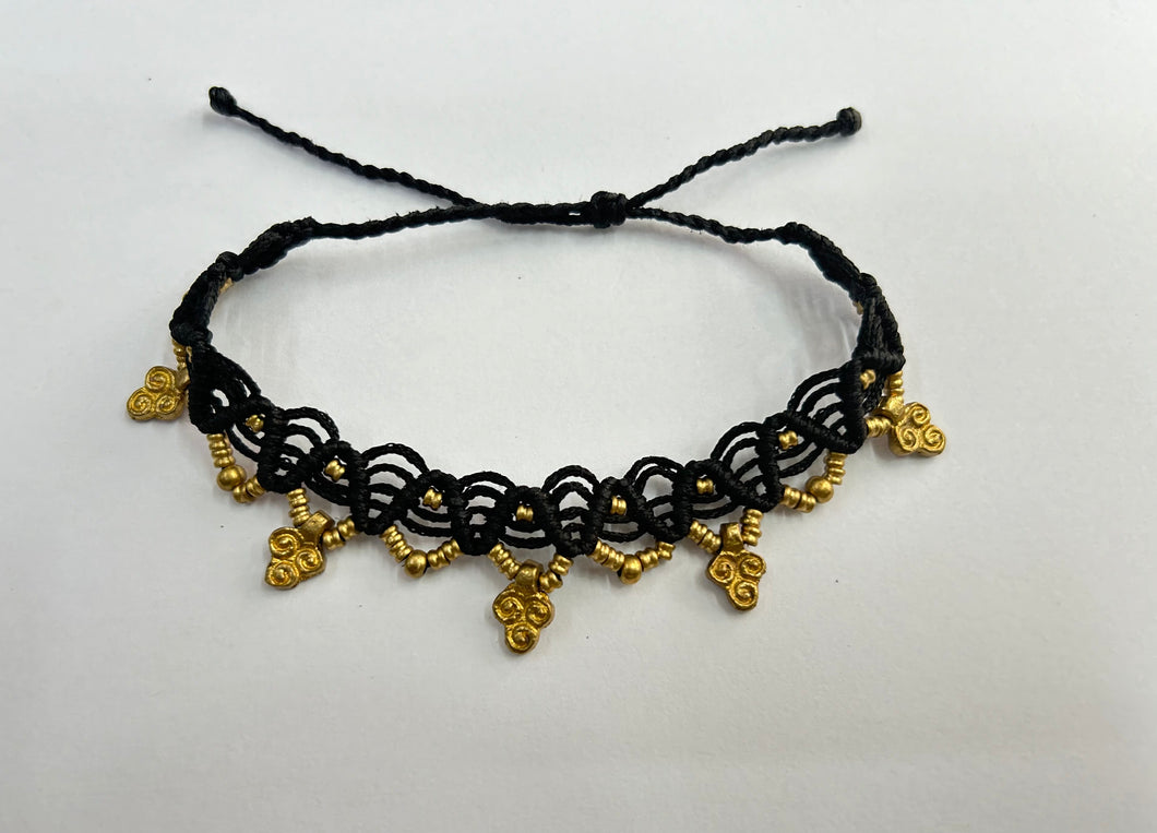 Black Handmade wax Thread Macrame Anklet