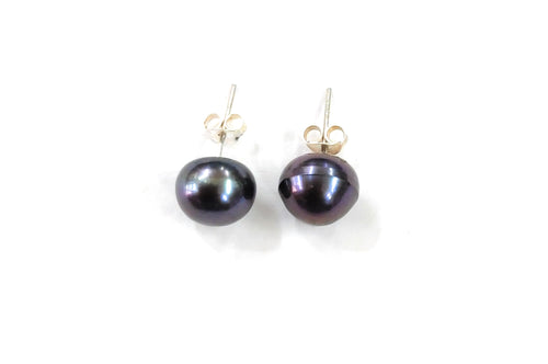 10mm Fresh Water Black Pearl Sterling Silver 92.5 Studs ANARO FASHIONS