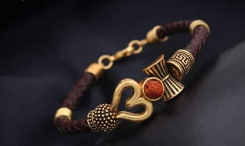 Unisex Om Rudraksha brass leather Bracelet ANARO FASHIONS